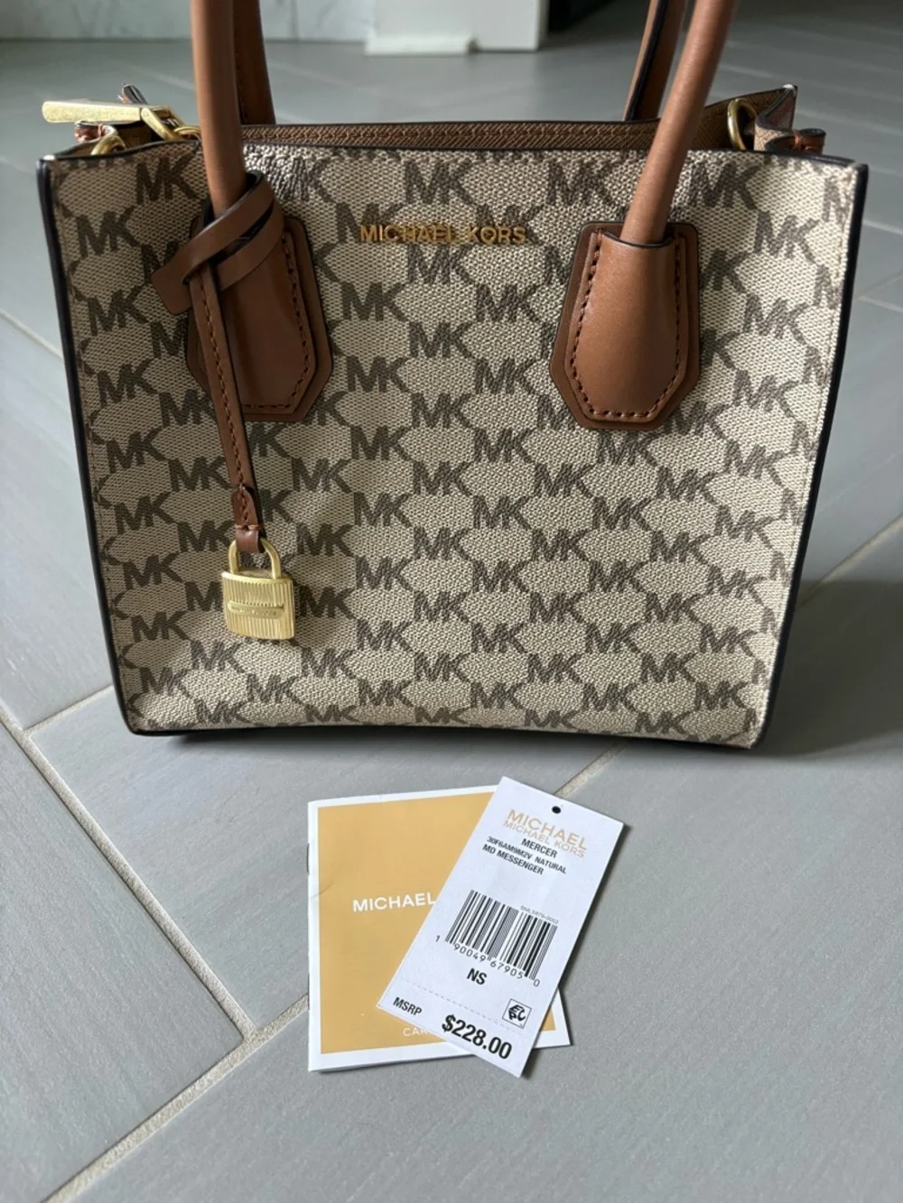 Michael Kors Medium Mercer Canvas Crossbody | Tan and Beige with Logo Print